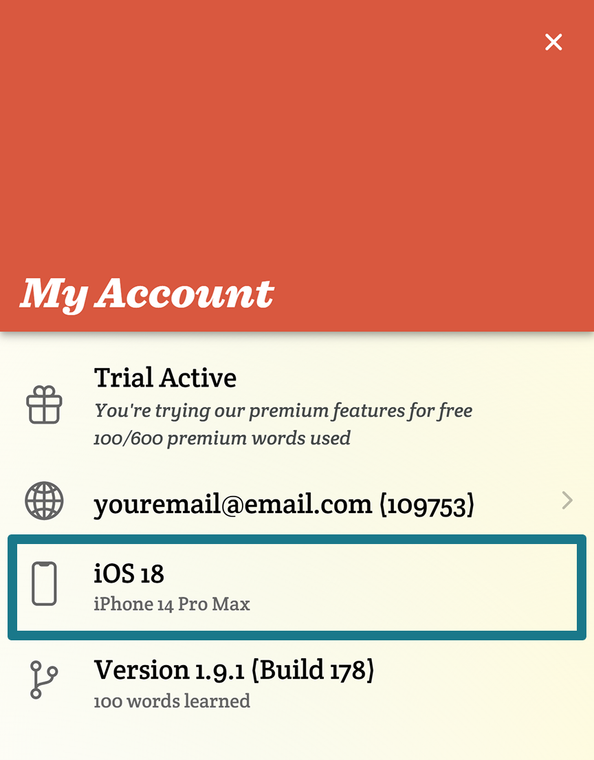 On the account page, the device and operating system details are highlighted with a blue outline.
