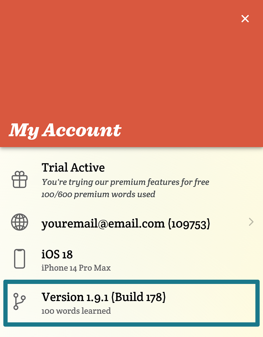 On the account page, the version of Spoken is highlighted with a blue outline.