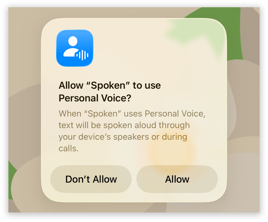 The popup asking if you want to grant Spoken permission to use Personal Voice.