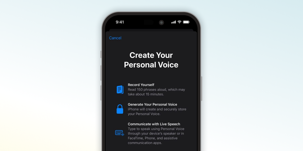 Mockup of an iPhone on a blue-white-yellow gradient background showing the start of Personal Voice setup.