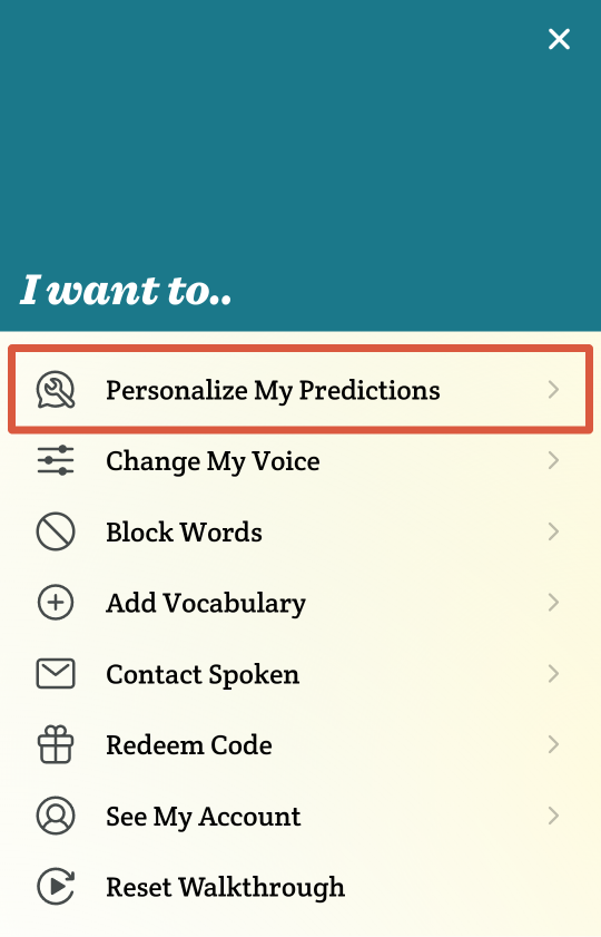 The “Personalize My Predictions” option in Spoken's settings menu is highlighted with an orange outline. It is the first option on the page.