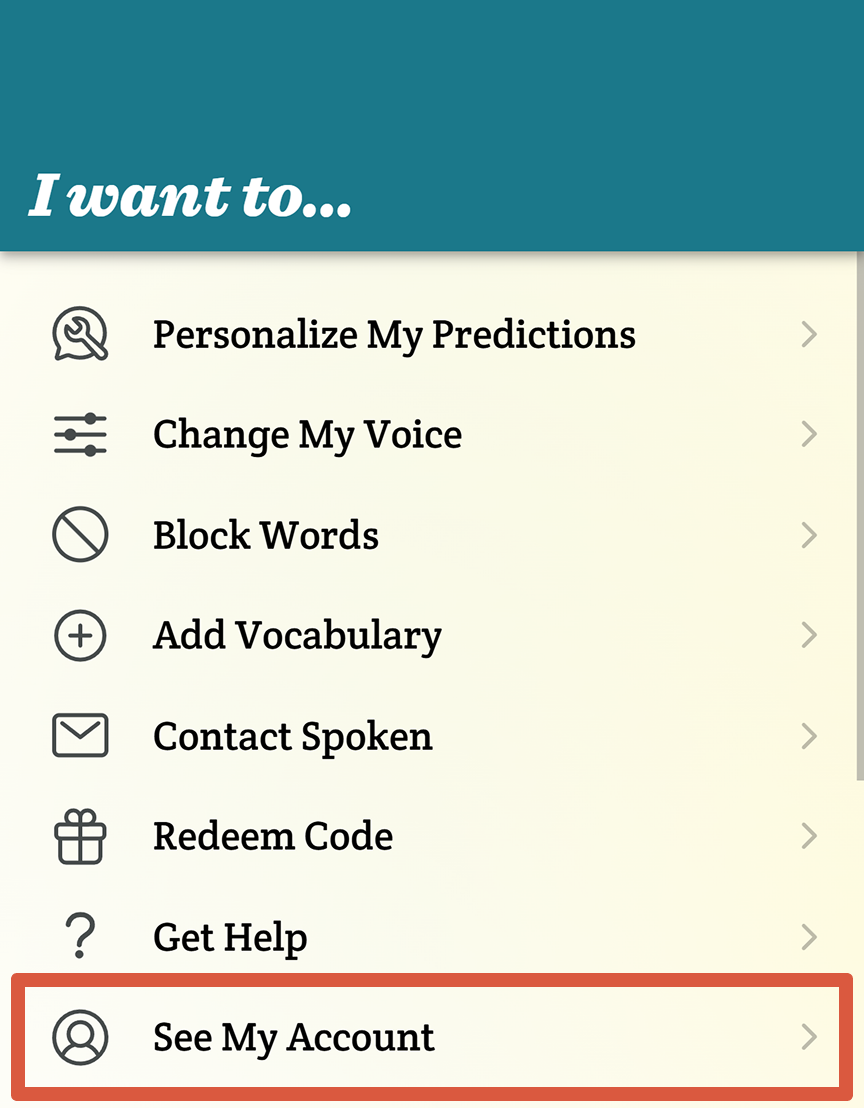 The settings page in Spoken, with the “See My Account” option highlighted with a bright orange outline.