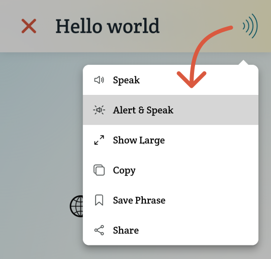 An arrow points to the Alert & Speak item in speak menu