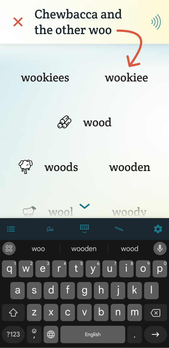 Words added via the Add Vocabulary form are seen appearing in Spoken's predictions.