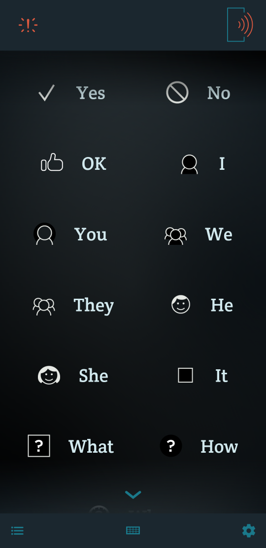 A screenshot of Spoken AAC's main page in dark mode. The background is a dark gradient and icons are inverted to have white outlines. The header is solid dark blue and text is white.