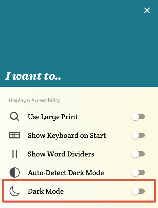 With “auto-detect dark mode” toggled off, the option to manually enable dark mode is now available. The dark mode toggle is highlighted with an orange outline.