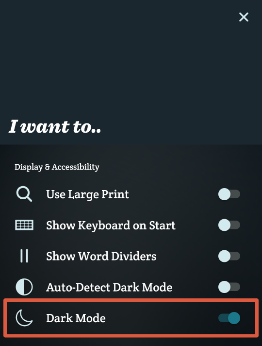 The dark mode option is still highlighted with an orange outline. The toggle is now on and the page has become shades of black, gray, and dark blue with white text and icons.