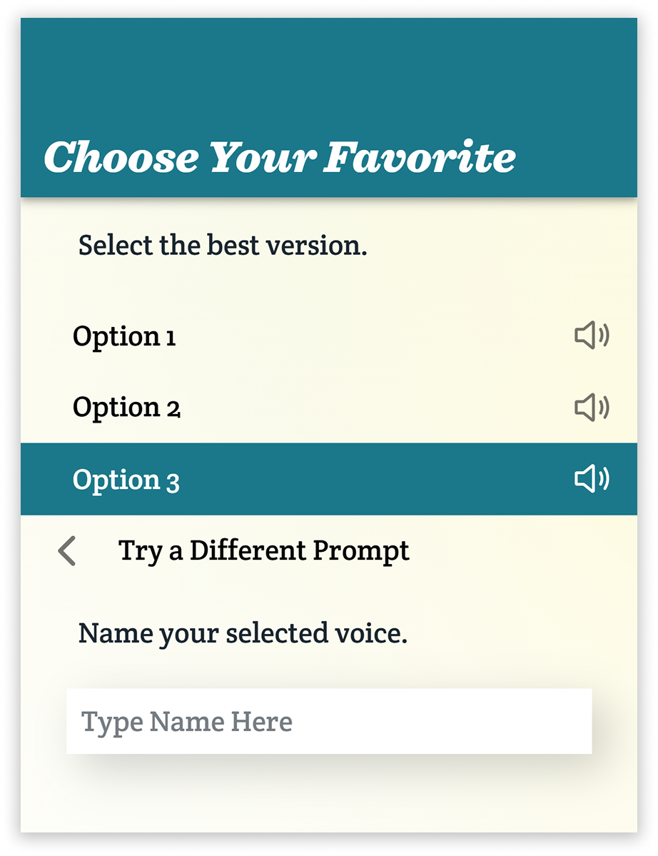 Option 3 is selected on the Choose Your Favorite page in Spoken. There is a button with a back arrow that says “Try a Different Prompt.” Below that is a text field labeled “Name your selected voice.”