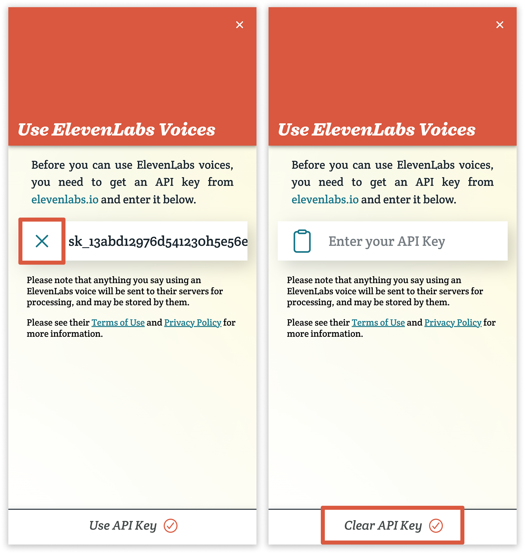 Two screenshots of Spoken showing that there is now an X beside your previously entered API code. Tapping this clears the text field so you can enter a new key or save it as empty to disconnect Spoken from ElevenLabs.