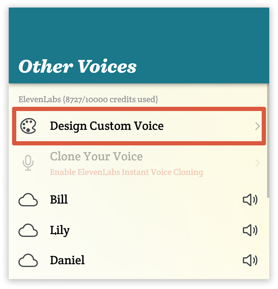 On a screenshot of the Other Voices page in Spoken, the “Design Custom Voice” option is outlined in orange.