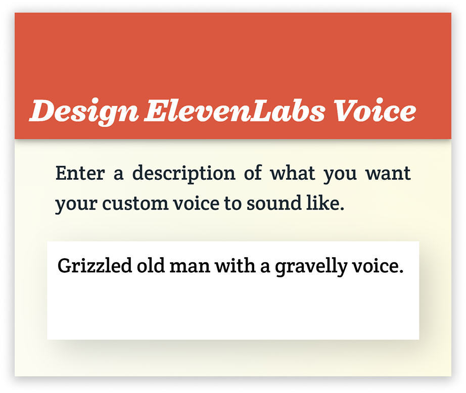 A screenshot shows the Design ElevenLabs Voice text field in Spoken, with the sample prompt “Grizzled old man with a gravelly voice.”