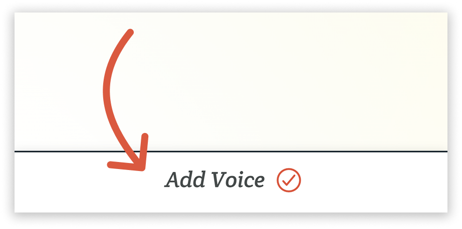 An orange arrow points to the “Add Voice” button at the footer of the Other Voices page in Spoken.