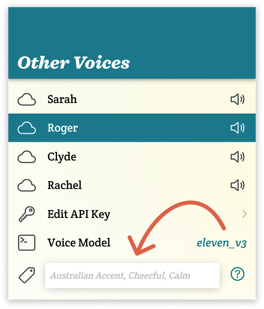 An orange arrow points from the model selection option with eleven_v3 selected to the new text field that appeared below it. Inside the field is placeholder text: Australian Accent, Cheerful, Calm. To the right is a button to get help.