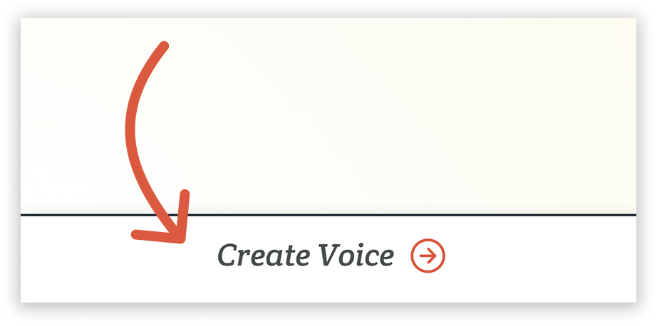 An orange arrow points to the “Create Voice” button at the footer of the Other Voices page in Spoken.