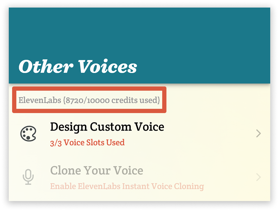 A screenshot of the Other Voices page with the number of credits the user has used outlined in orange, next to the ElevenLabs heading in parentheses.