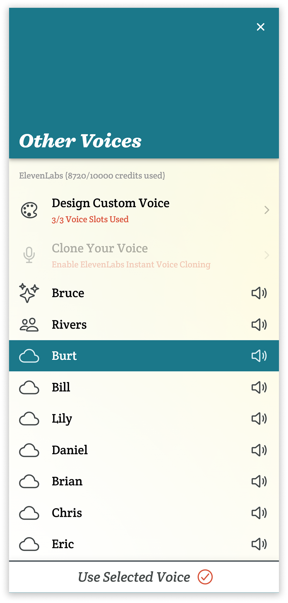 A screenshot of the Other Voices page in Spoken, showing a list of ElevenLabs voices with one named Burt selected.