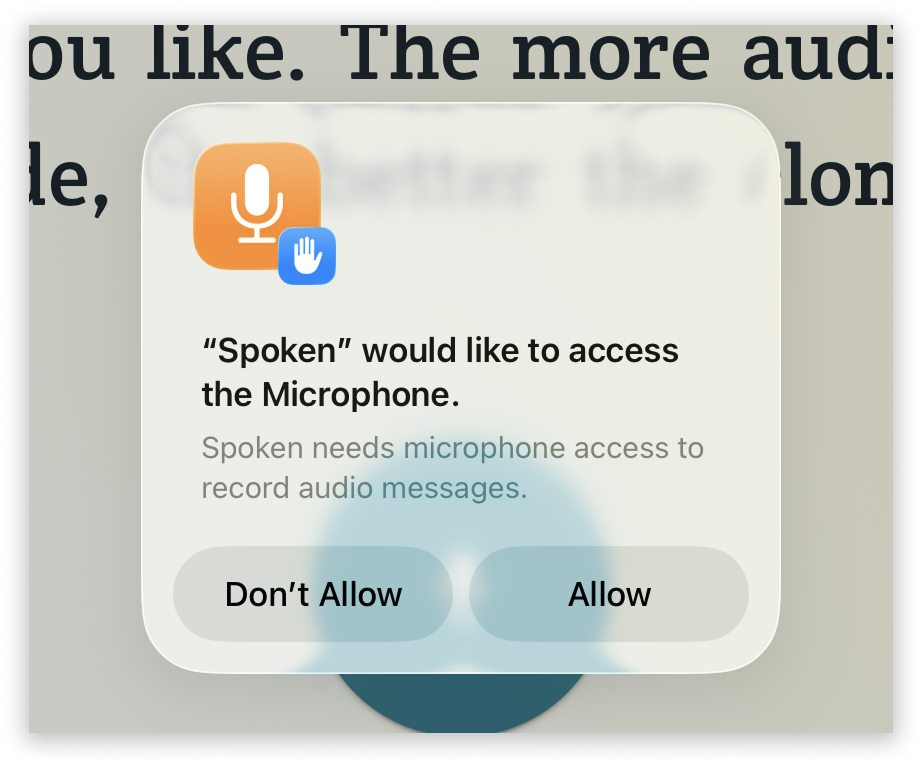 The popup asking if you want to allow Spoken to use your mic..