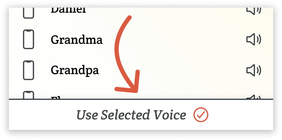 An orange arrow points to the “Use Selected Voice” button at the footer of the Other Voices page in Spoken.