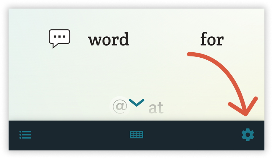 An orange arrow points to the cog icon at the bottom of the Spoken - Tap to Talk AAC app.