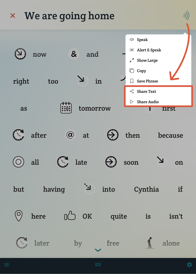 An arrow demonstrates that the share options can be found if you've entered text and then press and hold the speak button in the top right corner of Spoken.