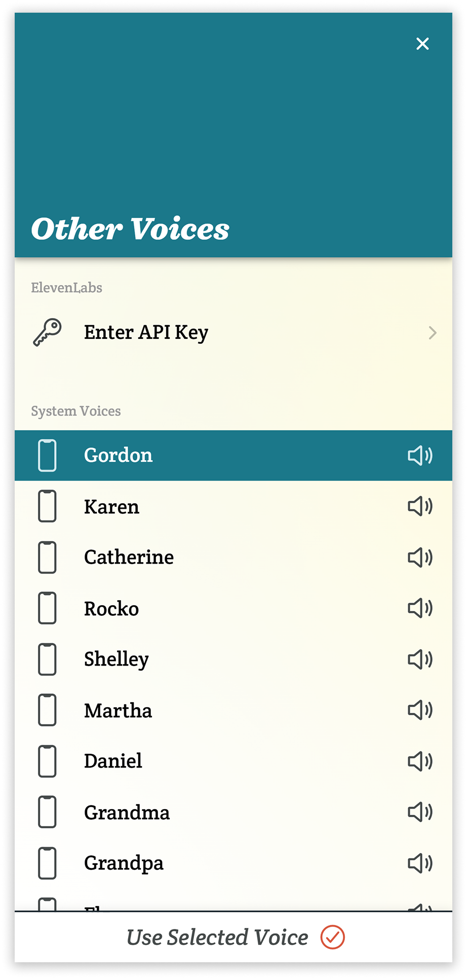 A screenshot of the Other Voices page, as you would see it on iOS/Apple. Under the System Voices heading is a list of voice names. The first voice in the list, named Gordon, is selected and highlighted in blue.