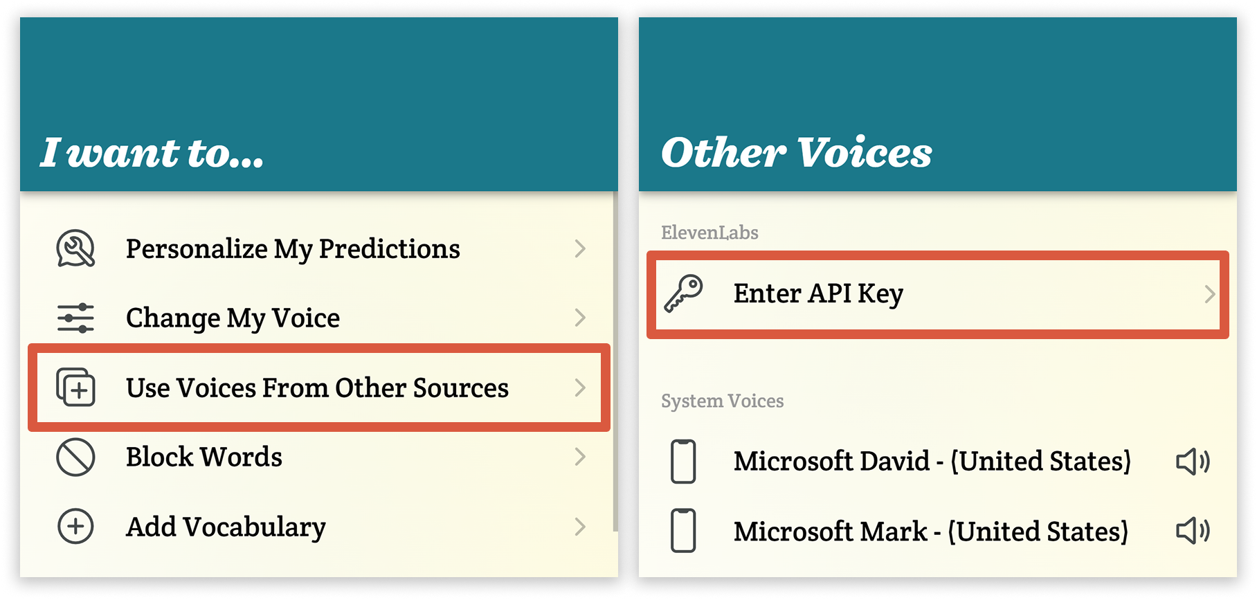  Screenshots of Spoken - Tap to Talk AAC showing the locations of the settings options mentioned in the tutorial.