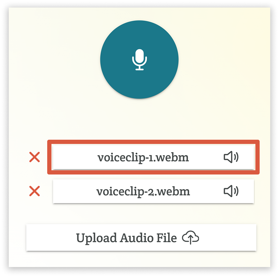 A screenshot showing examples of added audio files. One is circled in orange. The two clips are titled voiceclip-1.webm and voiceclip-2.webm.