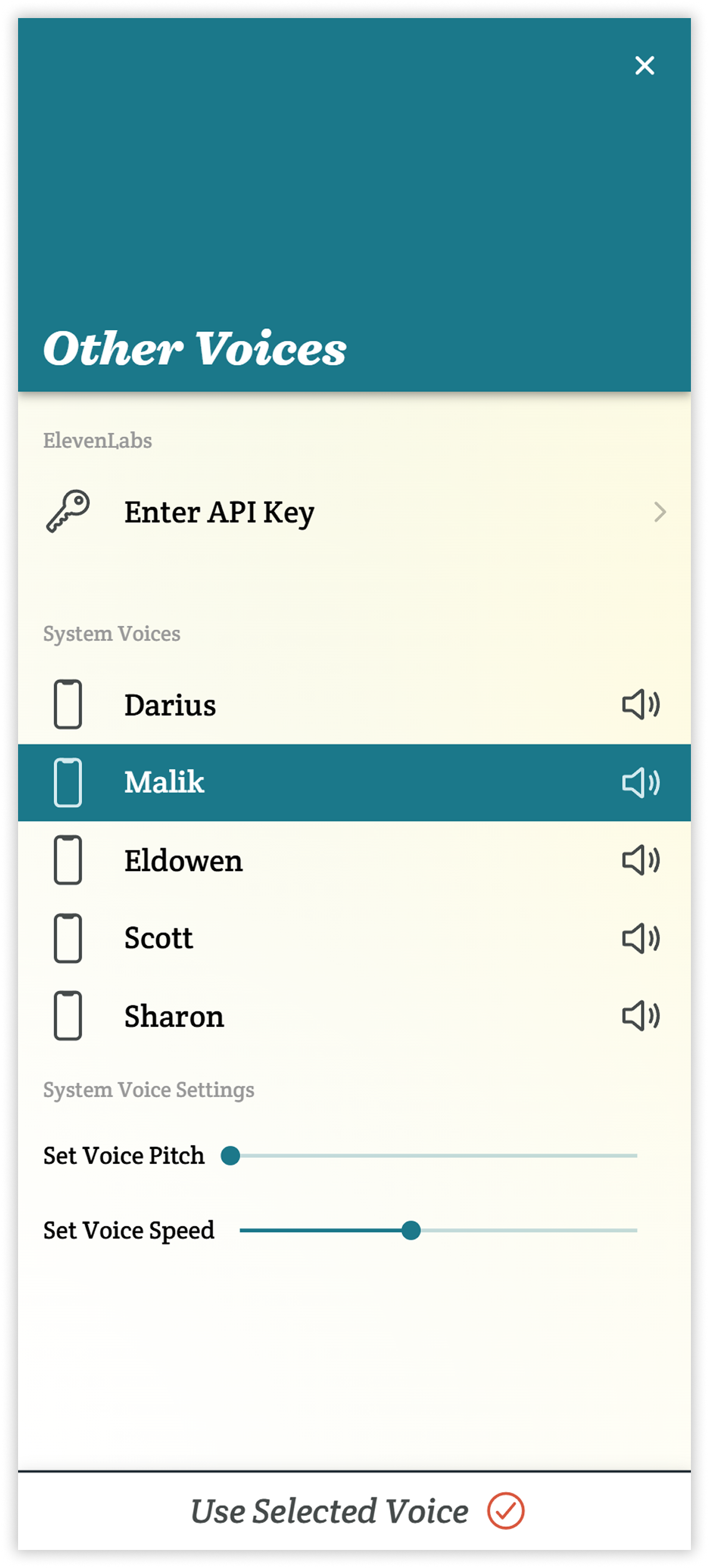The Other Voices page in Spoken - Tap to Talk AAC. Under the system voices heading are Darius, Malik, Eldowen, Scott, and Sharon, names of Acapela voices. Malik is highlighted in blue.