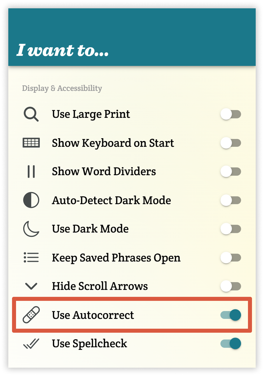 A screenshot of the Spoken settings menu with the Use Autocorrect option outlined in orange.